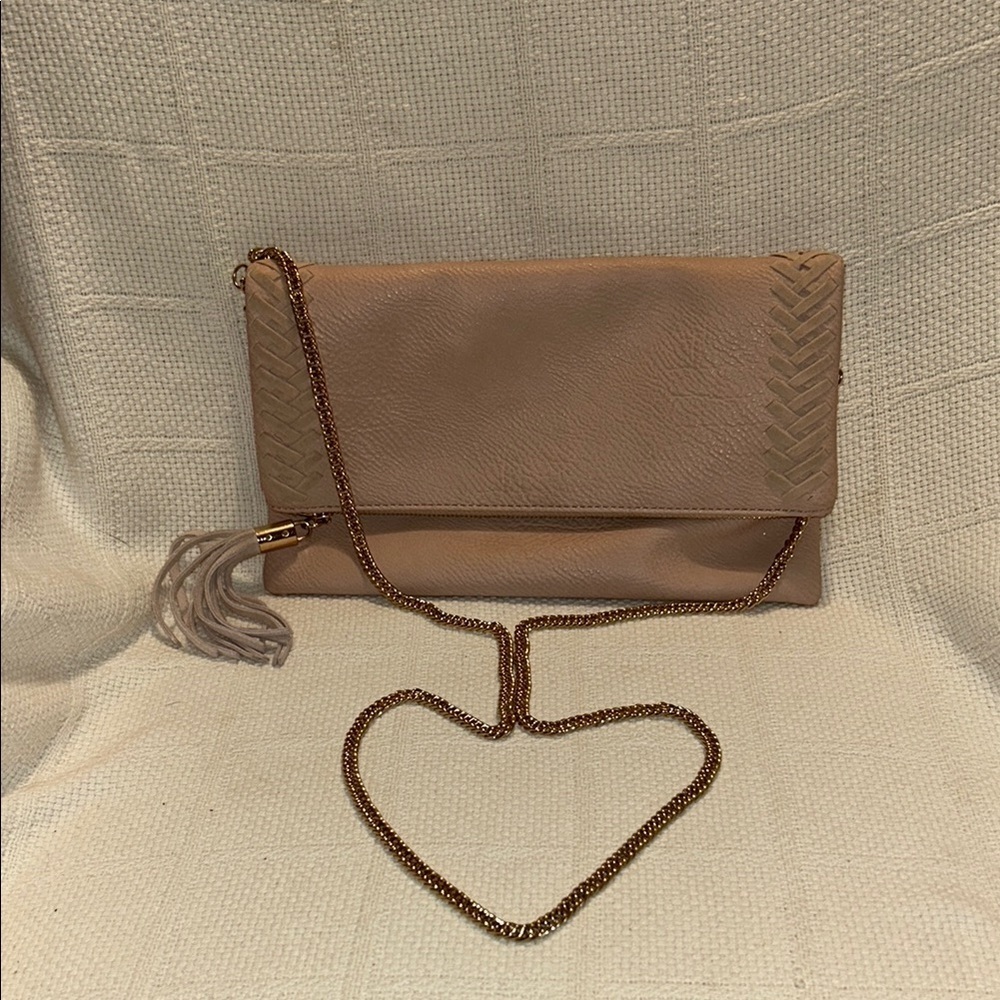 MODA LUXE  Natural Colored Foldover Clutch with Chain Strap and Tassel